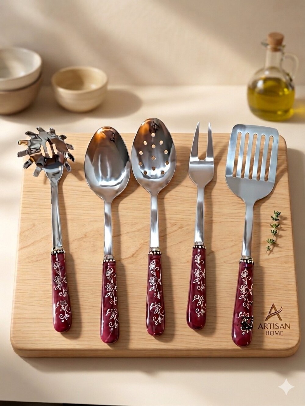 NWOT Temp-tations by Tara 5-Pc Serving Utensil Set Floral Lace Cranberry